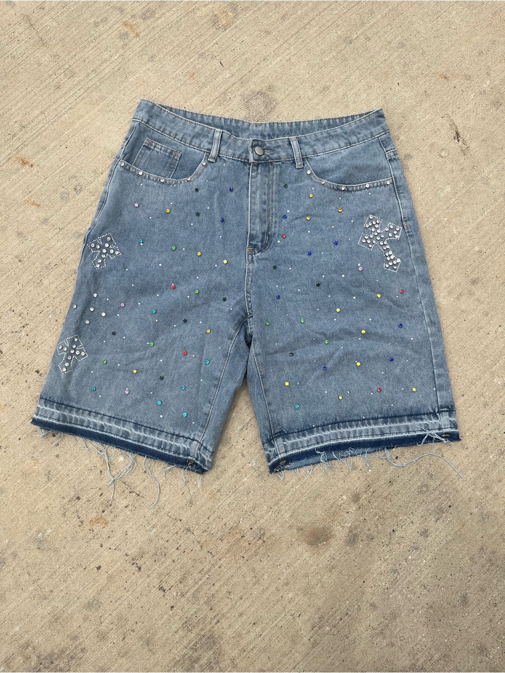 ROMWE Light Blue Denim Jean Shorts with Multicolor Studs
